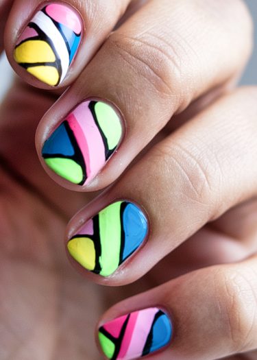 Intricate geometric nail art with vibrant colors and bold designs on well-groomed nails.