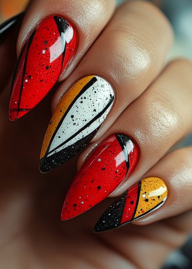 Striking stiletto nail art featuring vibrant red, black, yellow, and white geometric designs.