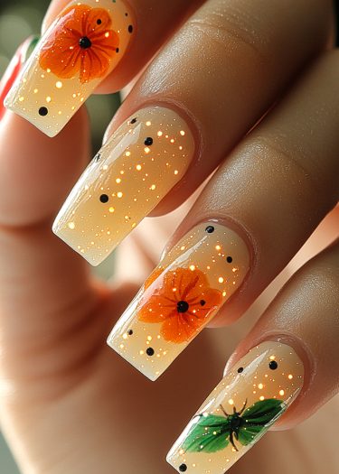 Exquisite long acrylic nails featuring vibrant floral designs and sparkling glitter accents.