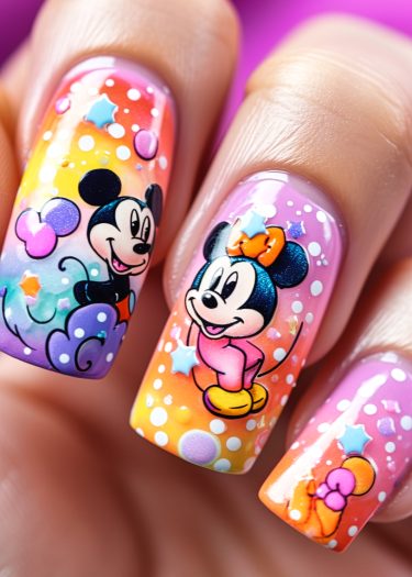 Vibrant nail art featuring animated characters with colorful gradients and intricate designs.