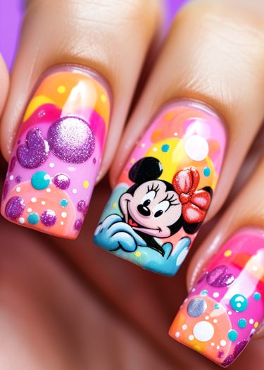 Colorful cartoon-themed nail art design with playful patterns and glossy finish.