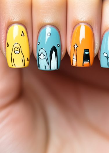 Colorful nail art designs featuring whimsical characters and vibrant patterns on manicured fingertips.