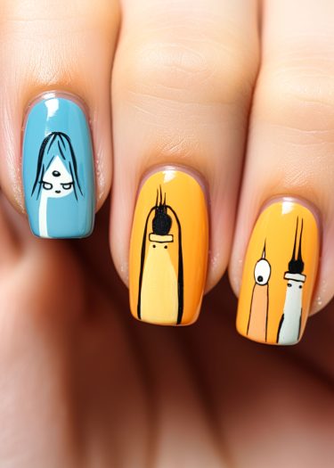 Colorful nail art featuring whimsical cartoon characters on vibrant backgrounds for playful designs.