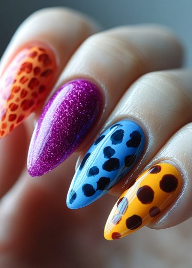 Vibrant nail art set featuring creative designs and bold colors in a stunning display.