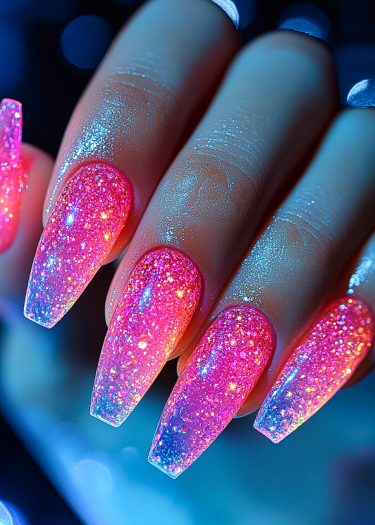 Stunning pink-to-blue ombre manicure with glitter, showcasing elegant almond-shaped nails.