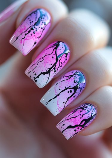 Artistic ombre nail art design featuring vibrant colors and intricate black patterns.