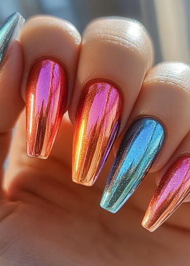 Vibrant ombre nail art with chrome finish in reds, blues, and pinks for a bold look.