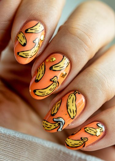 Vibrant orange nails featuring playful banana art and gold foil accents for a trendy look.