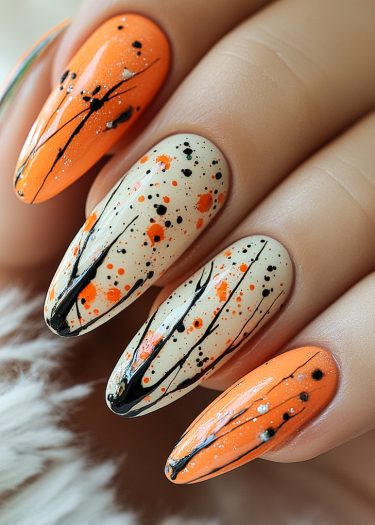 Elegant orange and beige nail art with intricate designs and modern abstract aesthetics.