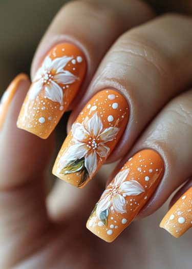 Vibrant orange floral nail art featuring delicate white flowers and green leaves for stylish elegance.