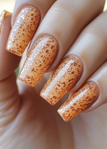 Glossy orange glitter nails with a modern square shape, perfect for festive occasions.