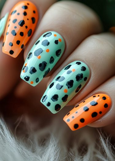 Bold orange and mint green leopard print nail art design with glossy finish.