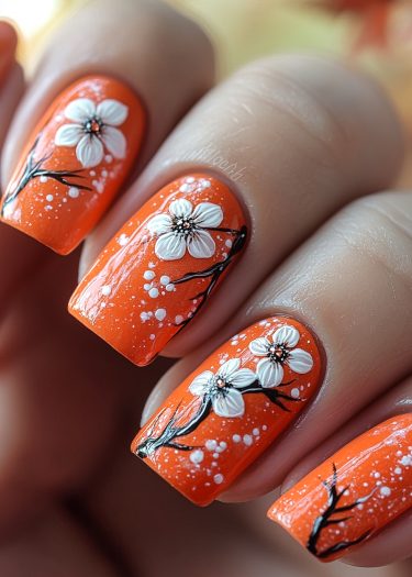 Vibrant orange nail art featuring intricate white flowers and black branches for a stunning look.