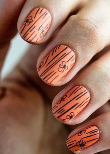 Vibrant orange nail art featuring intricate black lines and floral designs for a modern look.