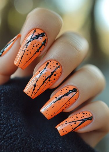 Vibrant orange coffin nails with edgy black splatter design for bold nail art lovers.