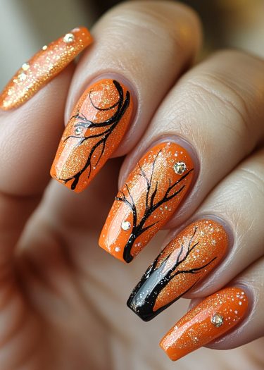 Vibrant orange Halloween nail art with glitter, black branches, and decorative rhinestones.