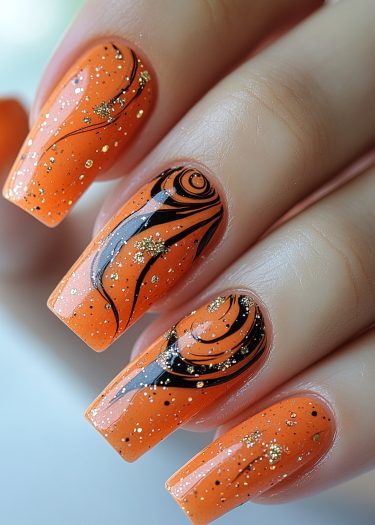 Vibrant orange nail art featuring black swirls and gold glitter for a stunning, modern look.