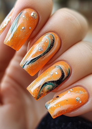 Vibrant orange nail art featuring swirling patterns and sparkling accents for a stunning look.