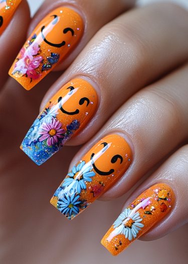 Vibrant orange nails with cheerful smiley faces and colorful floral designs, showcasing artistic flair.