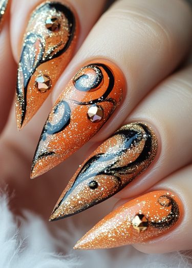 Glamorous stiletto nails with vibrant orange base, black swirls, glitter, and reflective studs.