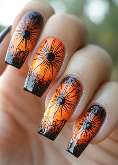 Intricate orange and black nail design with elegant ombre tips for a bold fashion statement.