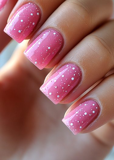 Elegant pink nails with white polka dots showcasing a chic and playful manicure design.