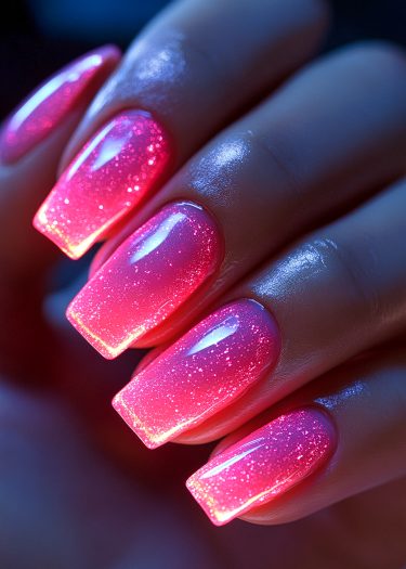 Impeccably manicured vibrant pink ombre nails with glitter, showcasing luxury and elegance.