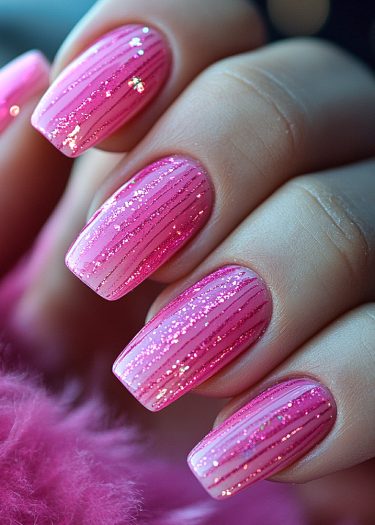 Elegant pink glossy nails with glitter stripes, showcasing vibrant manicure perfection.