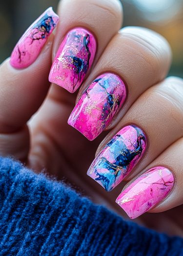 Vibrant pink marbled nails with gold accents and blue tones, showcasing stunning nail art design.