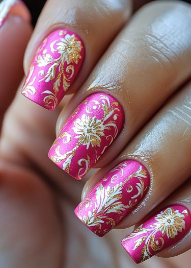 Intricate pink nail art featuring gold and white floral designs for a sophisticated look.