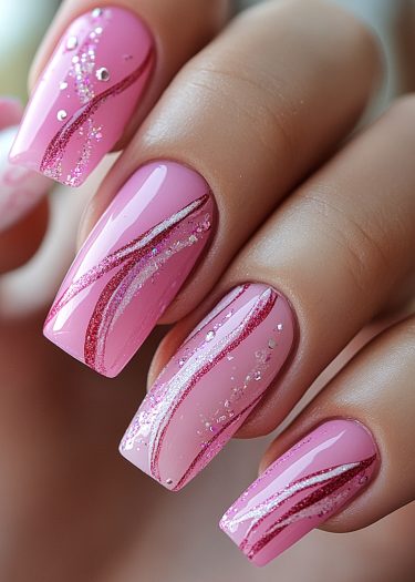 Elegant pastel pink manicure with glitter accents and square tips for a chic look.