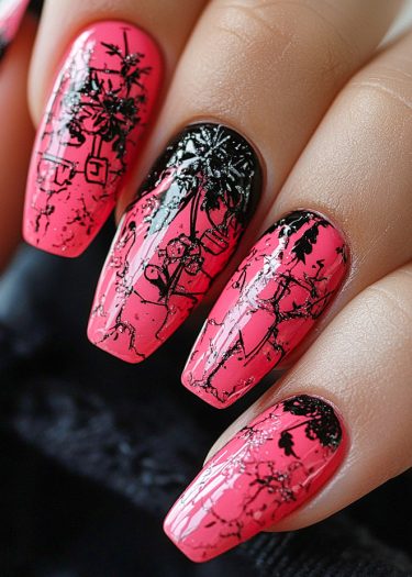 Intricate black nail art on vibrant pink nails showcases modern manicure design and artistry.