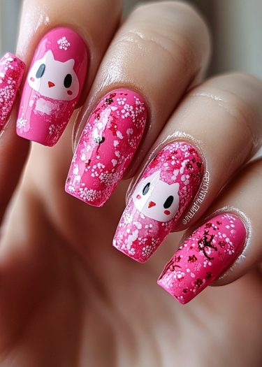 Vibrant pink nail art features playful characters and textured designs for a bold manicure statement.