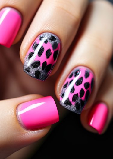 Stylish vibrant pink nails with leopard print and metallic gradient for a trendy look.