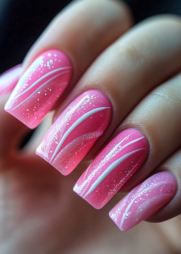 Elegant vibrant pink ombre nails with glitter and artistic white designs for a chic look.