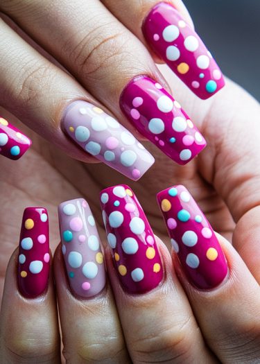 Vibrant polka dot nail art in pink shades with playful patterns and glossy finish.