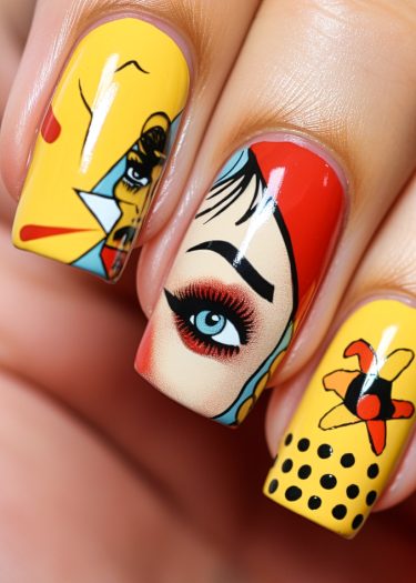 Vibrant pop art nail design featuring colorful patterns, abstract shapes, and intricate details.