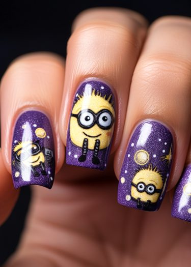 Cartoon-themed vibrant purple nail art featuring playful yellow characters and cosmic designs.