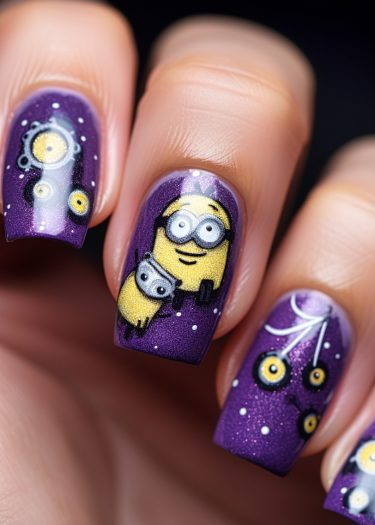 Playful cartoon-themed nail art design with vibrant purple base and cheerful yellow characters.