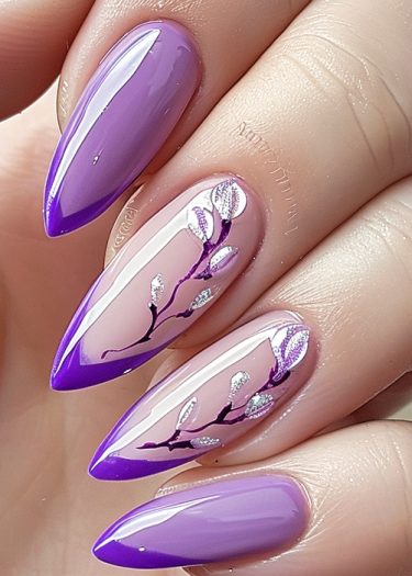 Elegant lavender nail art with floral designs and a French tip for sophisticated style.