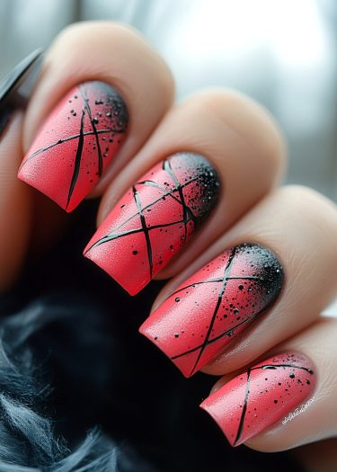 Vibrant coral pink nails with black abstract patterns and gradient tips for trendy nail art.