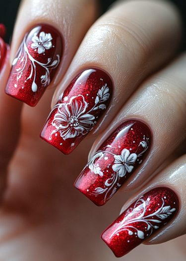 Elegant red floral nail art with intricate white designs and shimmering finish.