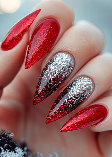 Glamorous red stiletto nails with silver glitter, showcasing stunning nail art for winter elegance.