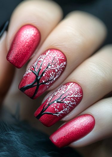 Elegant deep red glitter nails with intricate tree branch designs for stunning nail art.