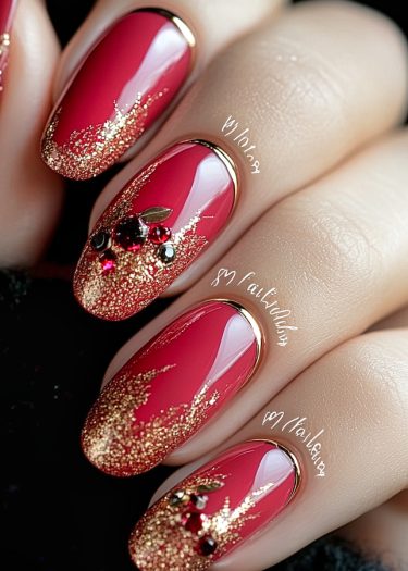 Luxurious red and gold ombre nail art with gemstone accents and metallic details.