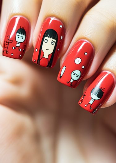 Colorful cartoon nail art on vibrant red nails with playful characters and glossy finish.