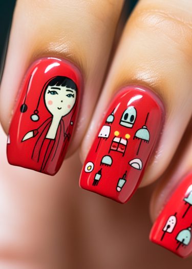 Vibrant red nail art featuring whimsical designs and abstract illustrations for creative self-expression.