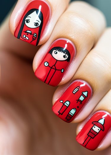 Colorful nail art features vibrant red designs with playful characters and modern abstract patterns.