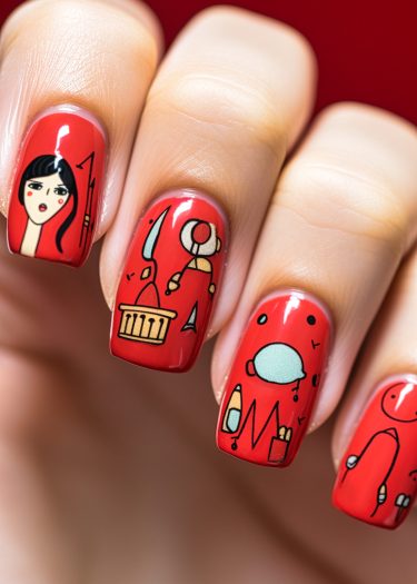 Intricate nail art on vibrant red nails featuring abstract designs and minimalist illustrations.