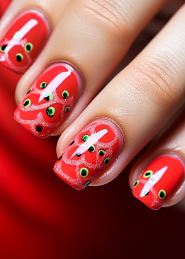 Vibrant red nail art with intricate designs and embellishments for a glamorous look.